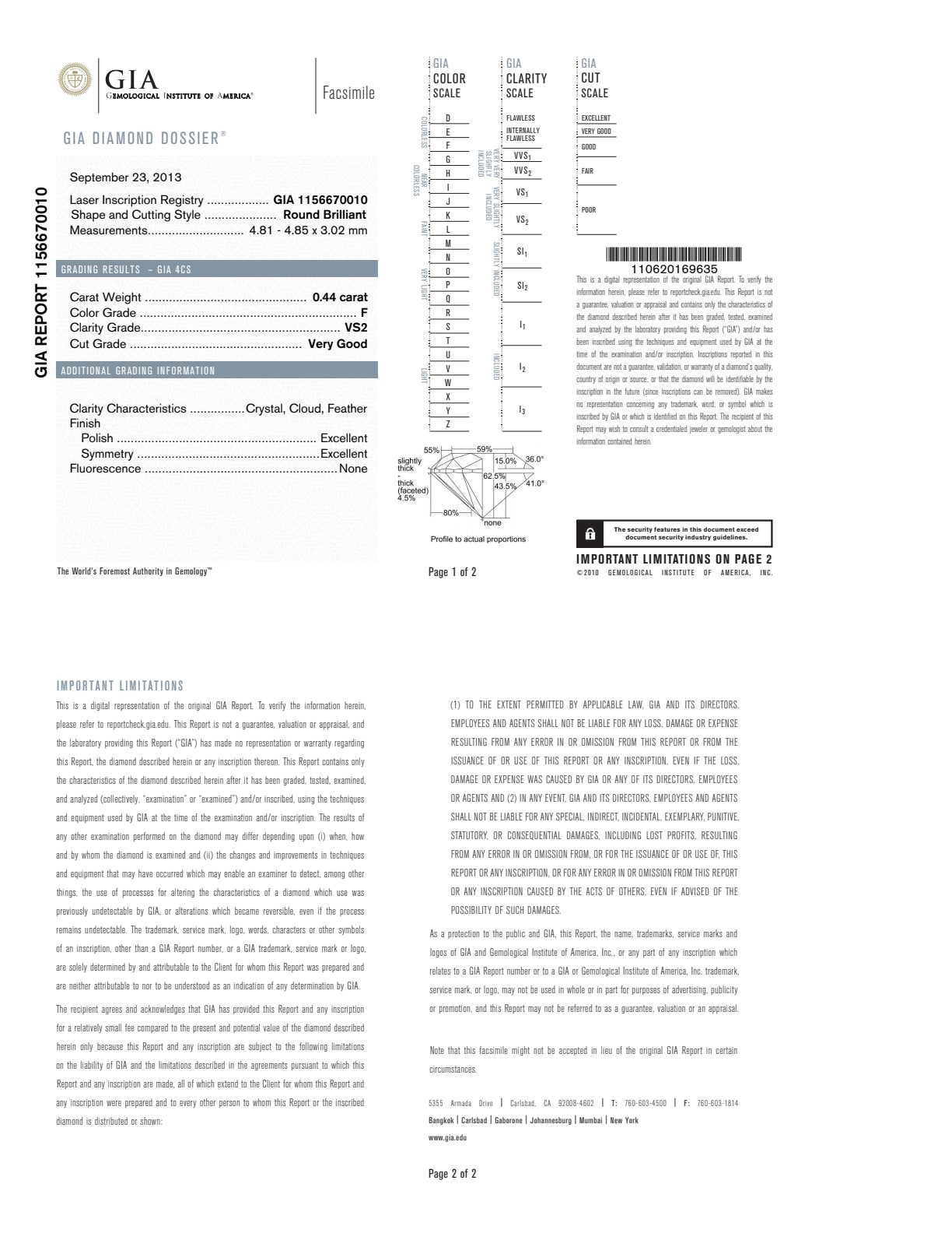 F-VS2 GIA #1156670010 V.G./EX/EX