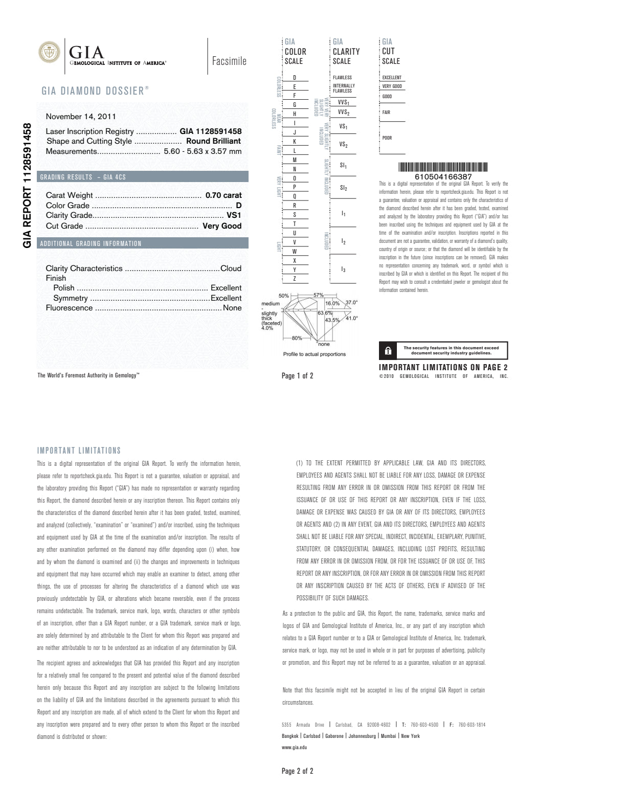 D-VS1 GIA #1128591458 V.G./EX / EX