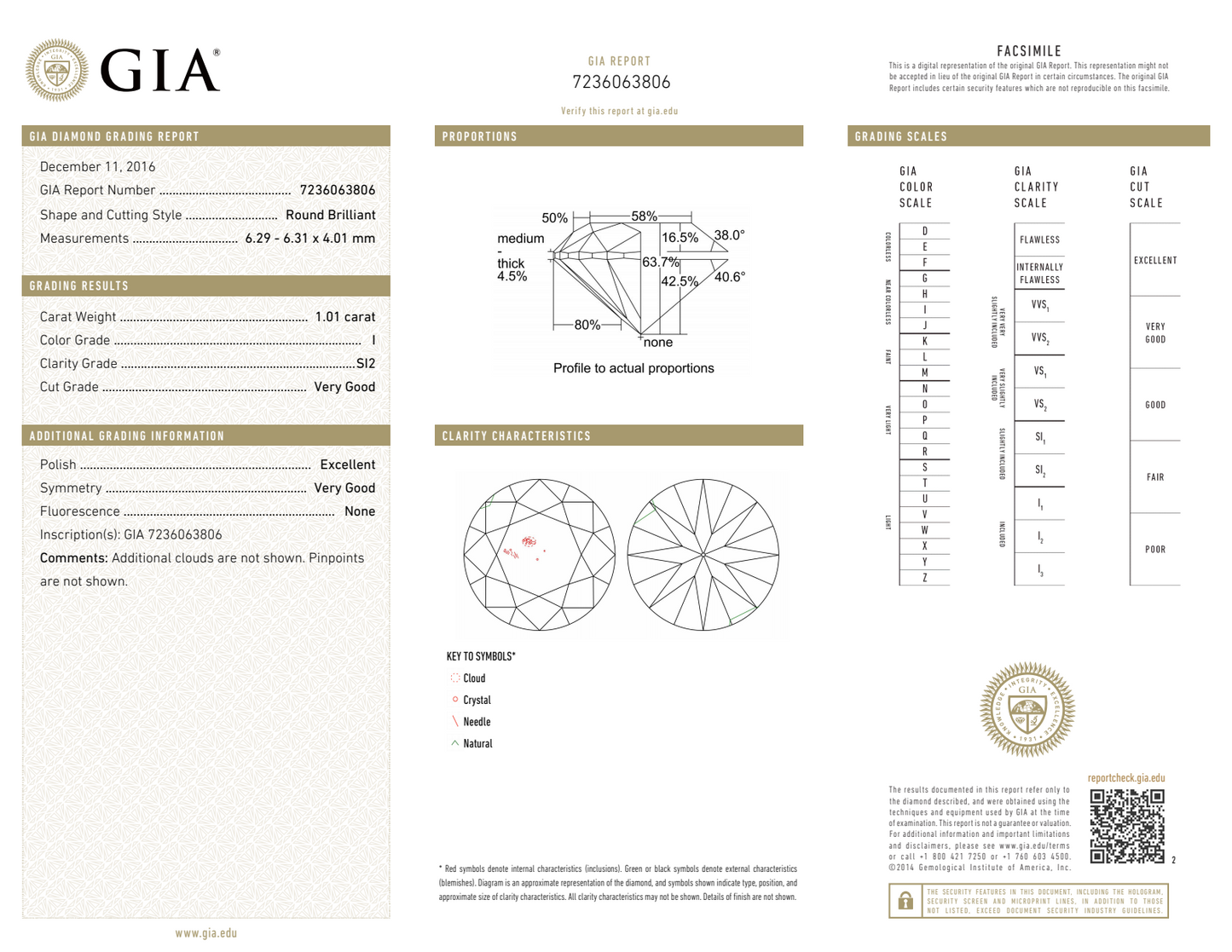 I-SI2 GIA #7236063806 V.G./EX/ V.G.