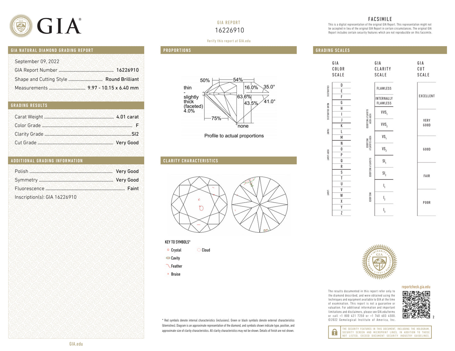 F-SI2 GIA #16226910 EX / EX /EX