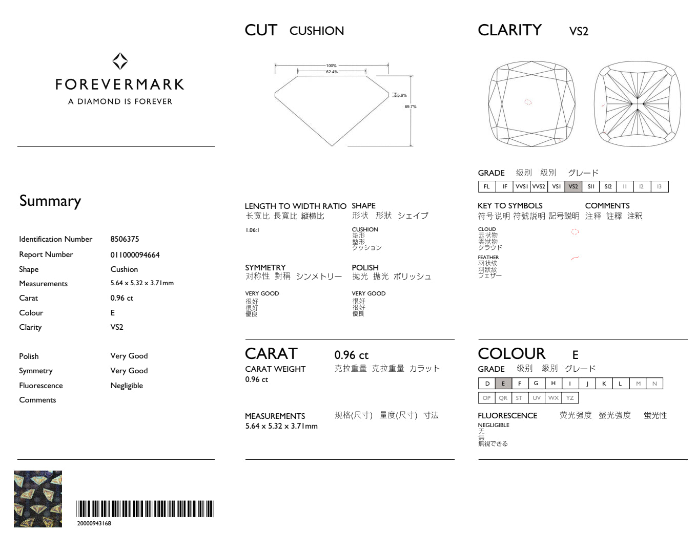 .96CT CUSH E-VS2 V.G. / V.G.