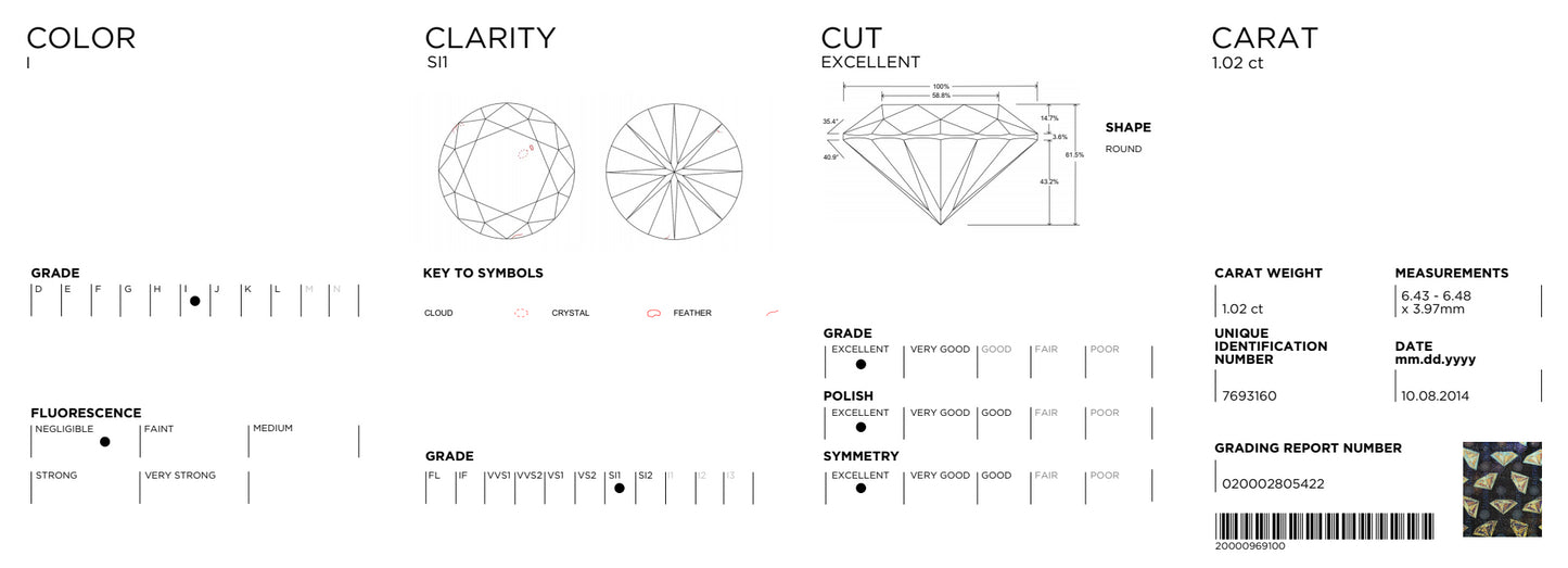 1.02CT BRILL I-SI1 EX / EX / EX