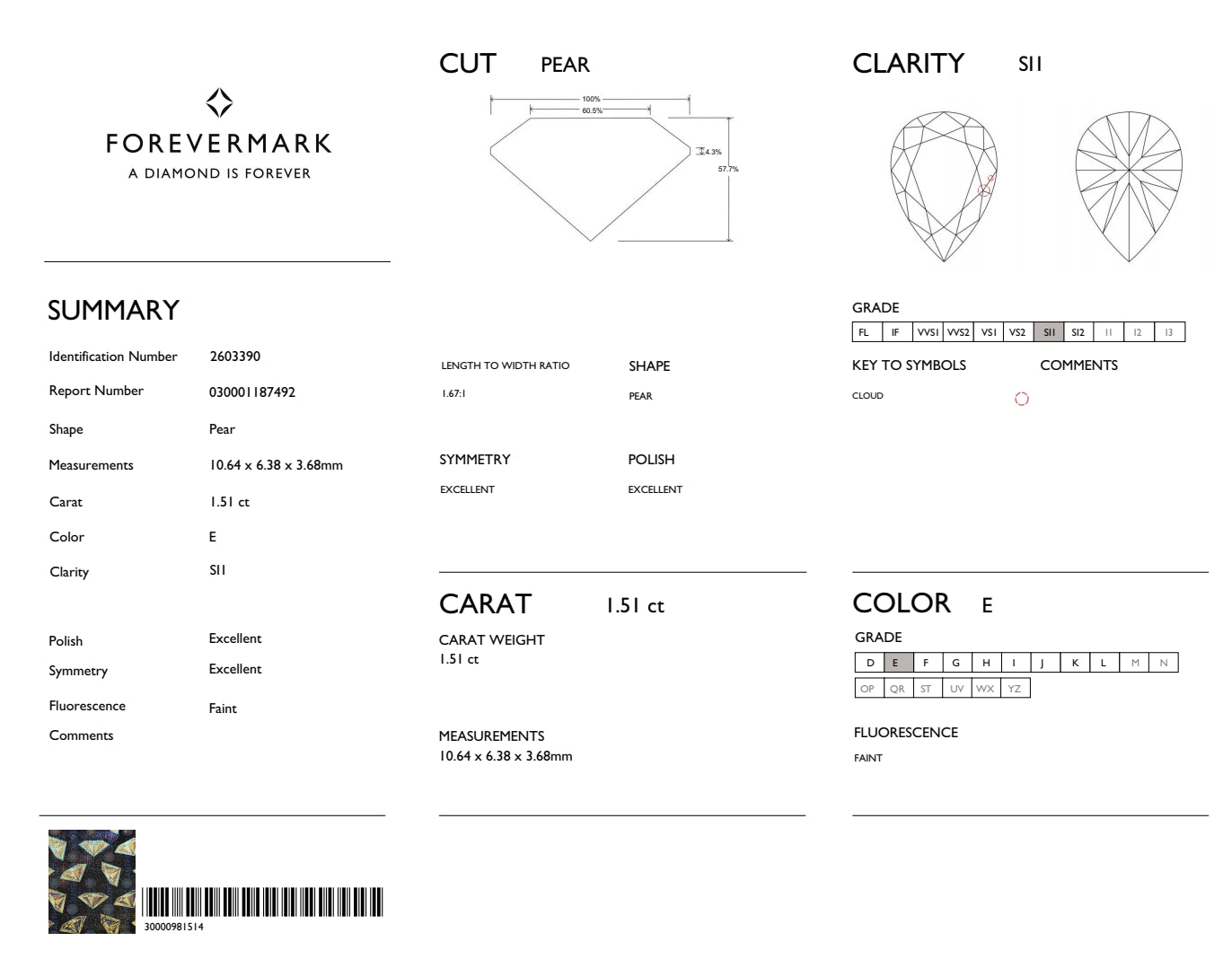 1.51CT E-SI1 PEAR CUT DIA E.X. / E.X.