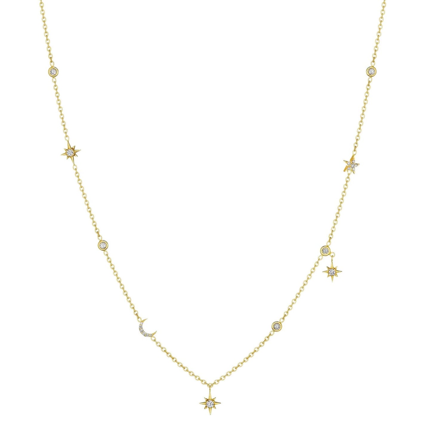 Diamond Moon and Star Station Necklace