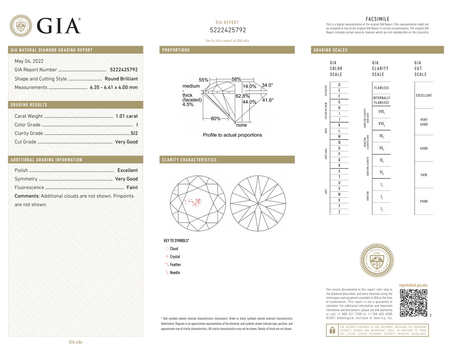 I-SI2 GIA #5222425792 V.G./ EX /V.G.