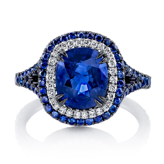 Blue Sapphire and Diamond Ring with Sapphire Halo and Shank