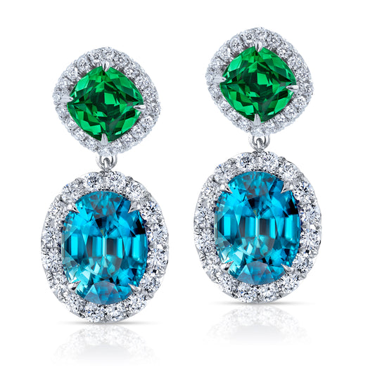 Blue Zircon, Tsavorite Garnet and Diamond Earrings