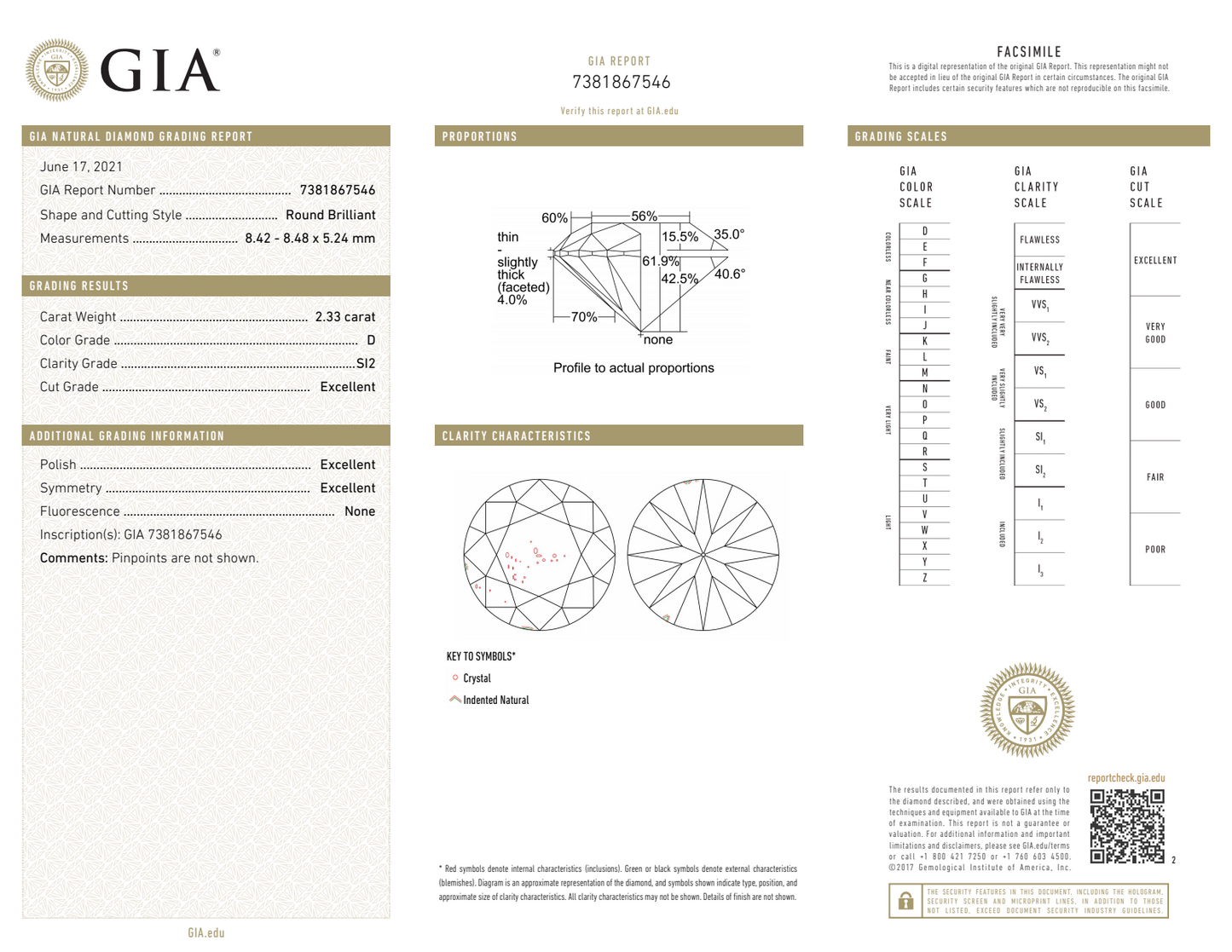 2.33CT BRILLIANT D-SI2 GIA EX / EX / EX