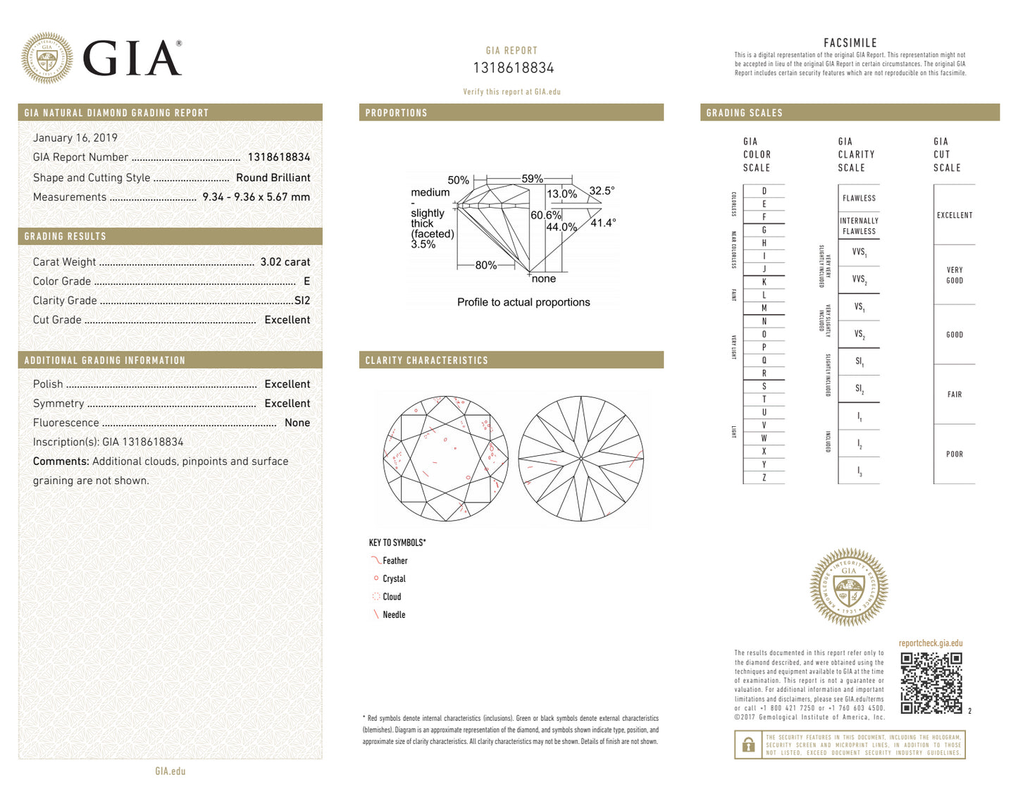 3.02CT BRILLIANT E-SI2 GIA EX / EX / EX