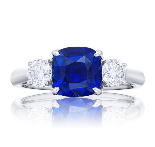Certified Non-Heat Treated Blue Sapphire Ring with Side Diamonds