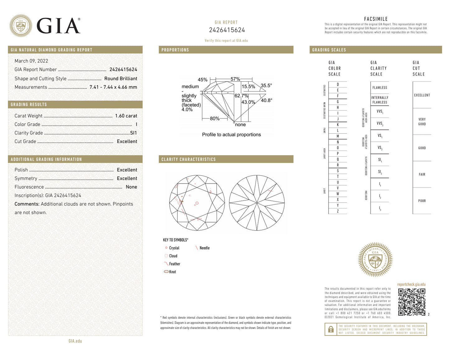 1.60CT BRILLIANT I-SI1 GIA EX / EX / EX