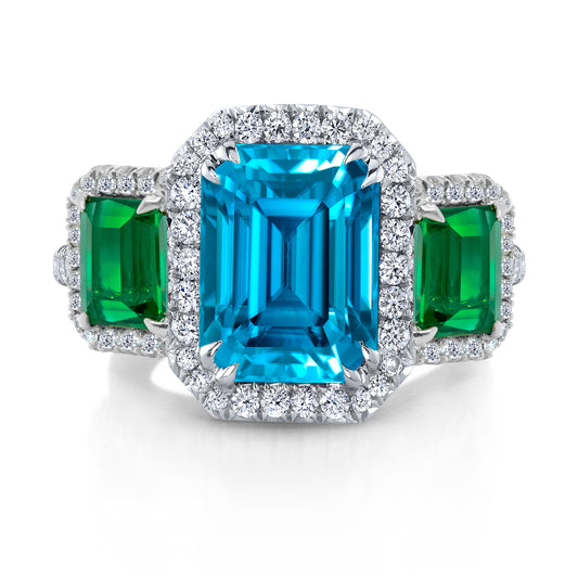 Blue Zircon and Tsavorite Ring with Diamonds