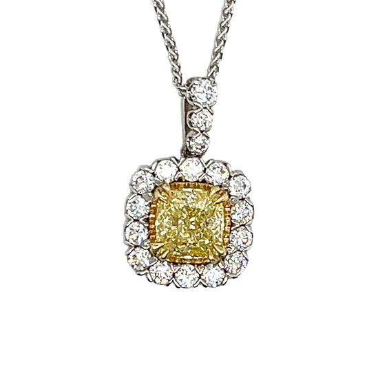 GIA Natural Fancy Intense Yellow Diamond with White Diamond Halo Pendant