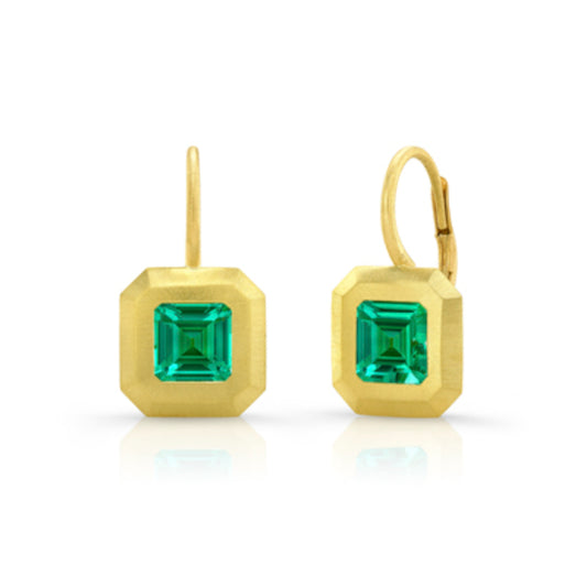 Yellow Gold Bezel Set Columbian Emerald Earrings