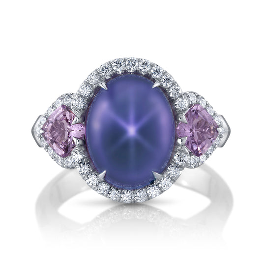 Certified Purple Star Sapphire Ring with Sapphire Side Stones and Diamonds