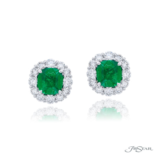 Emerald with Diamond Halo Button Earrings