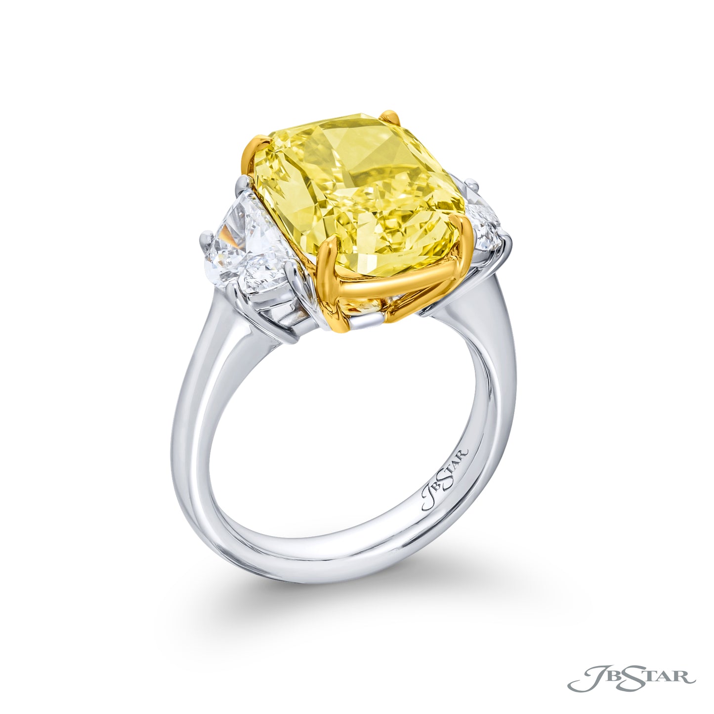 6.51 CT Fancy Yellow Cushion Cut Diamond Ring with Half-Moon Cut Side Stones