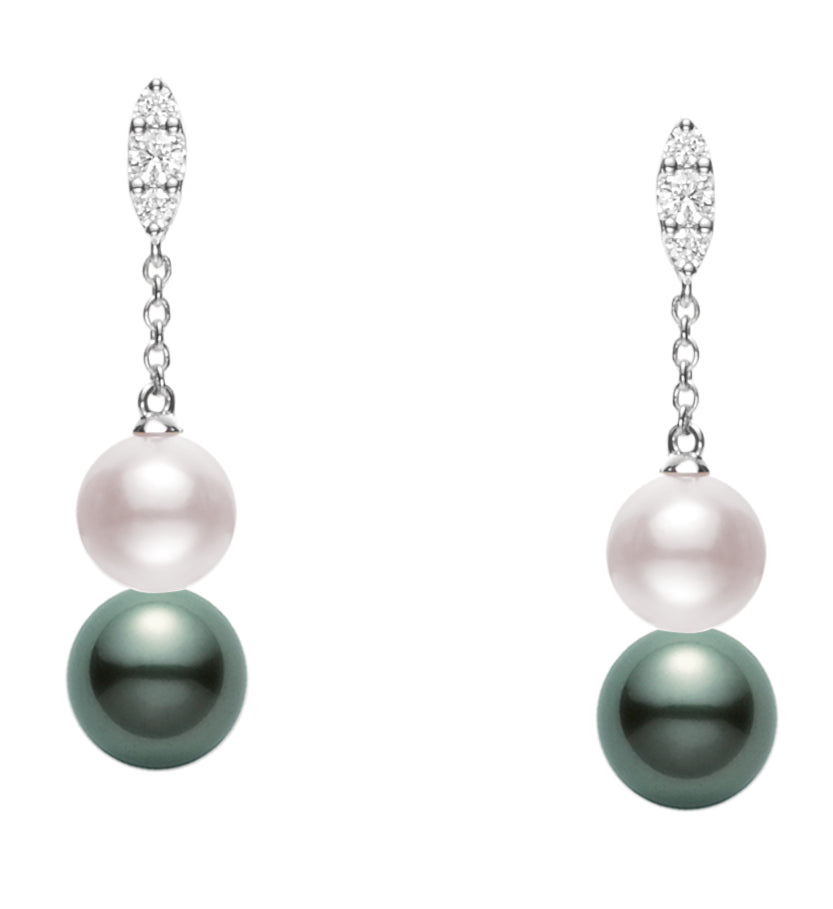 Morning Dew Black South Sea and Akoya with Diamond Dangle Earrings