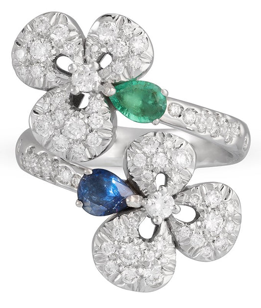 Ischia Collection Emerald, Blue Sapphire & Diamond Bypass Ring