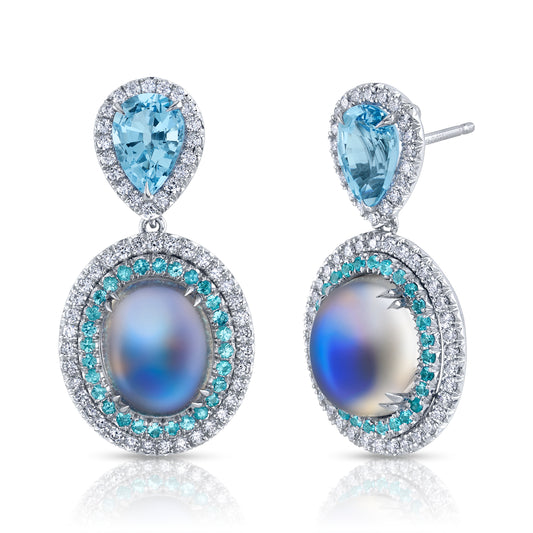 Moonstone, Aquamarine, Paraiba Tourmaline and Diamond Earrings