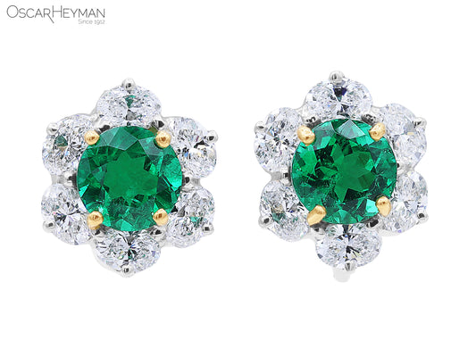 Platinum and 18 Karat Yellow Gold Certified Emerald and Diamond Earrings
