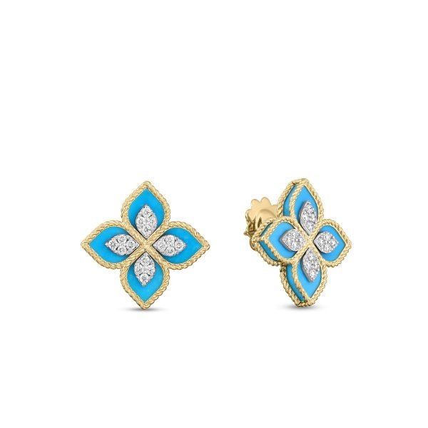 Venetian Princess Diamond & Turquoise Flower Stud Earrings