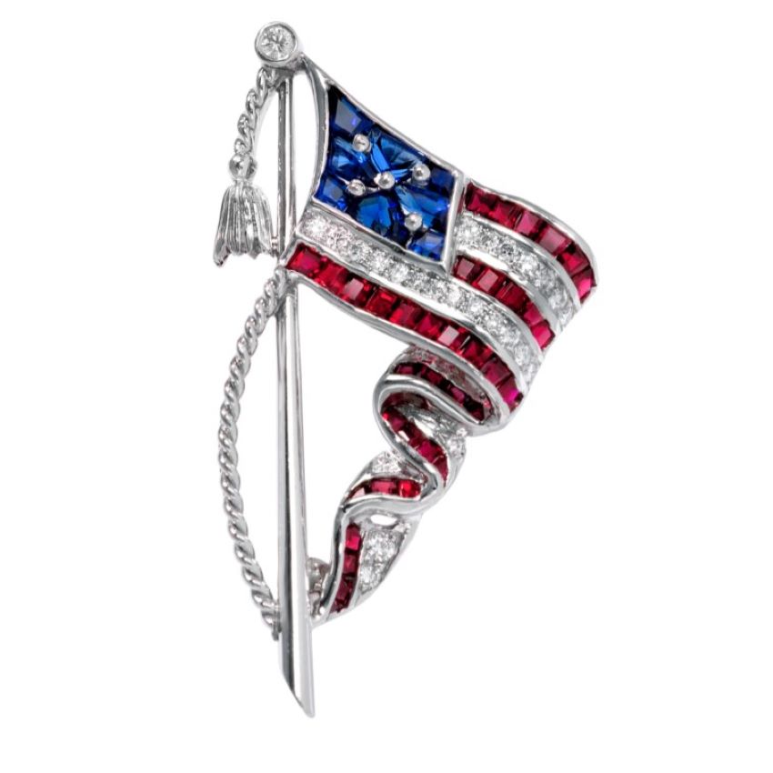 Droopy Flag Brooch with Rubies Sapphires and diamonds