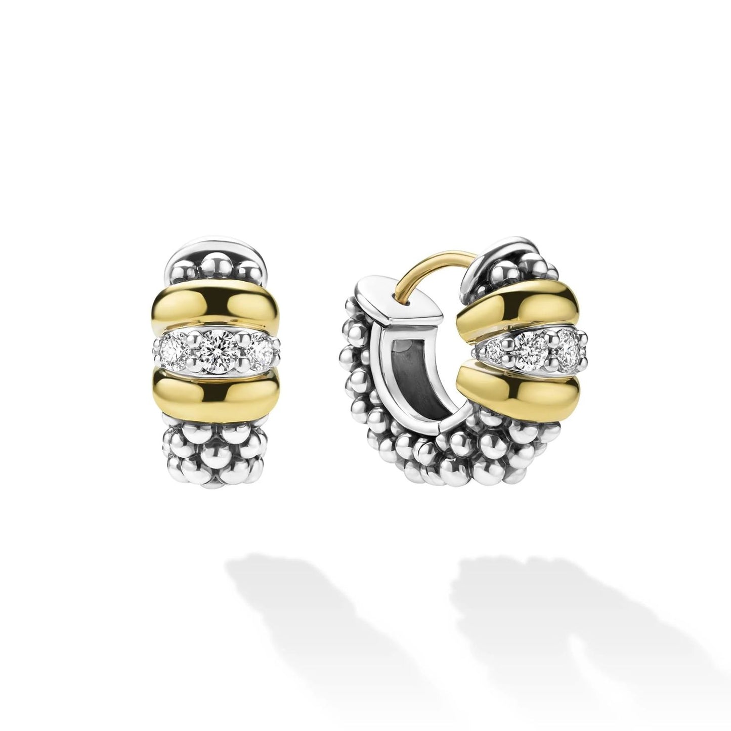 Signature Caviar Two-Tone Caviar Beaded Diamond Huggie Earrings