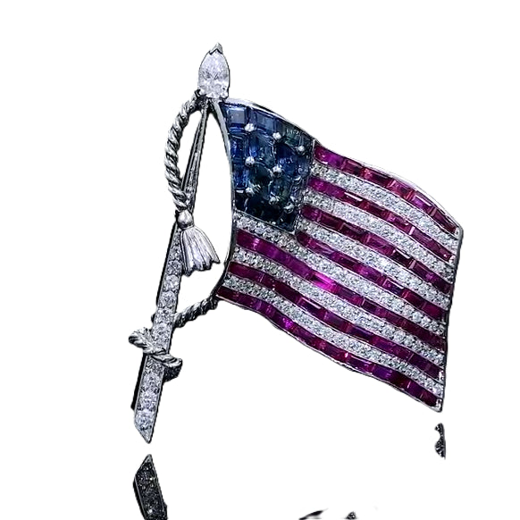 USA Ruby, Blue Sapphire and Diamond Flag Brooch