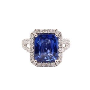 Blue Sapphire & Diamond Halo Ring