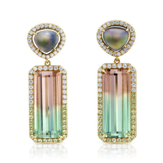 Bi-Color Tourmaline, Moonstone, Demantoid and Diamond Earrings