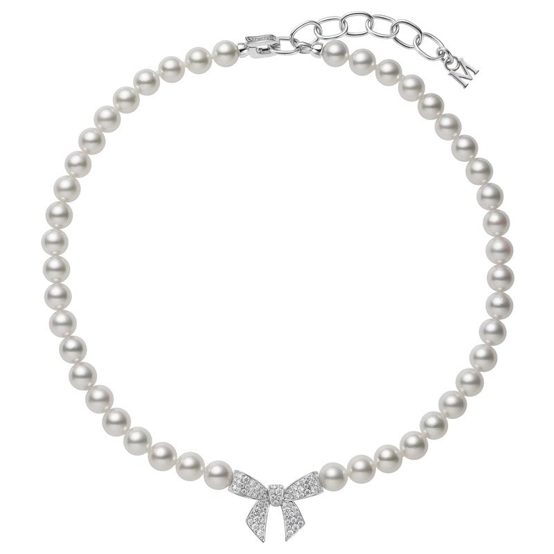Akoya Cultured Pearl & Diamond Bow Charm Necklace