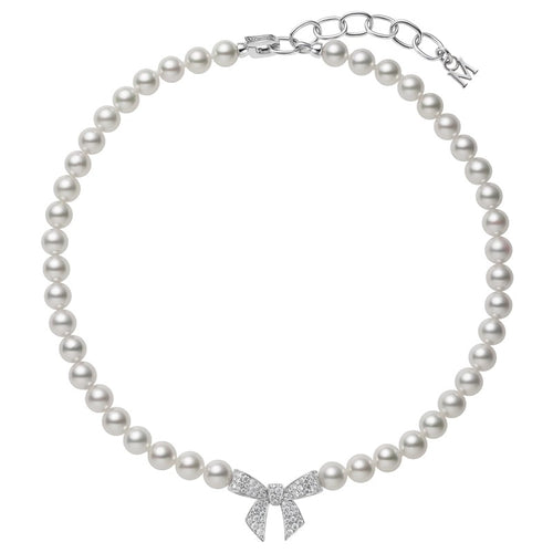 Akoya Cultured Pearl & Diamond Bow Charm Necklace