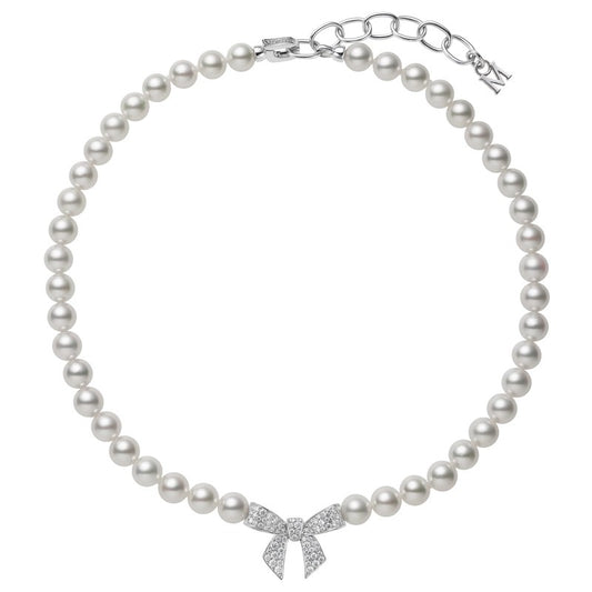Akoya Cultured Pearl & Diamond Bow Charm Necklace