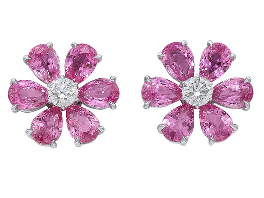 Pink Sapphire & Diamond Flower Earrings