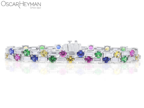 Multi Colored Sapphire, Tsavorite and Diamond Line Bracelet