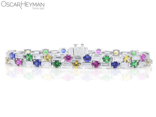 Multi Colored Sapphire, Tsavorite and Diamond Line Bracelet