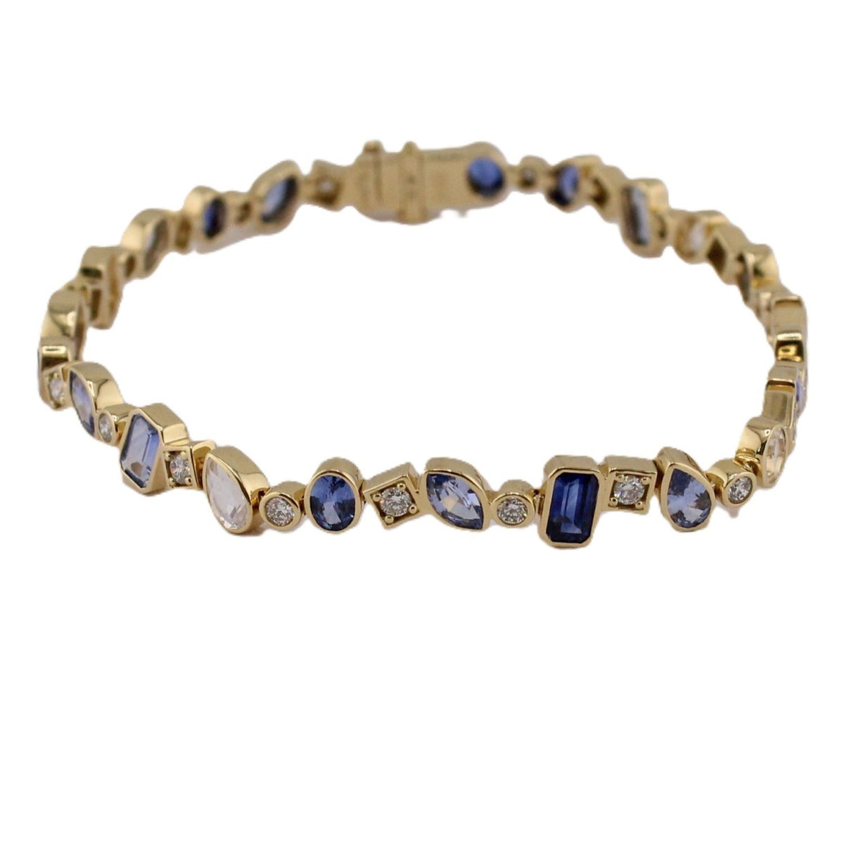 Mixed Cut Blue Sapphire, Moonstone and Diamond Line Bracelet