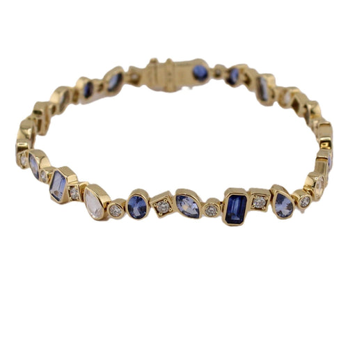 Mixed Cut Blue Sapphire, Moonstone and Diamond Line Bracelet