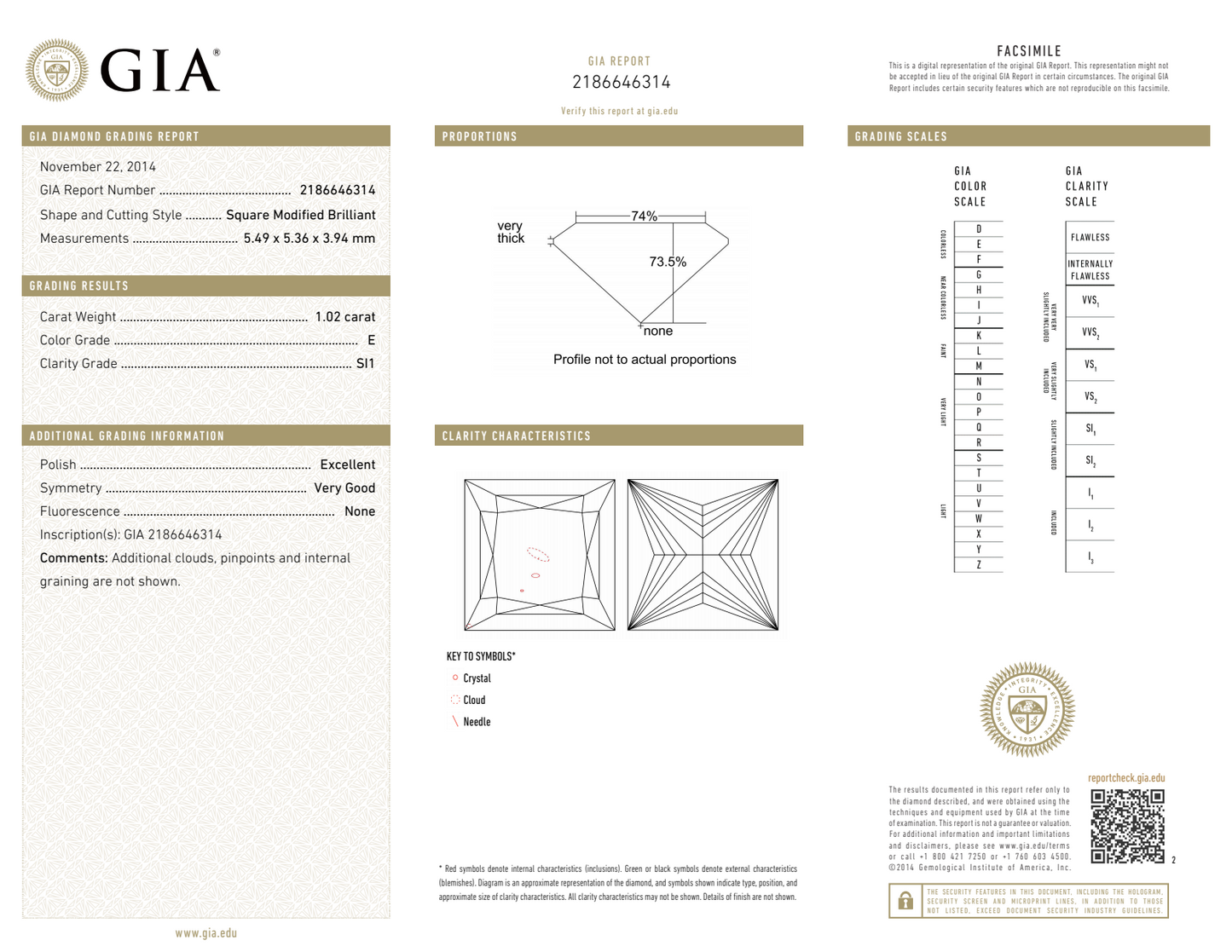 CUT E-SI1 GIA  #2186646314   EX / V.G.