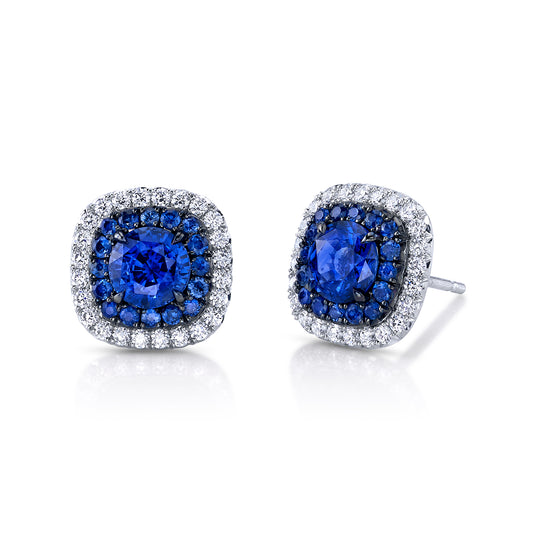 Blue Sapphire and Diamond Earrings with Double Halo