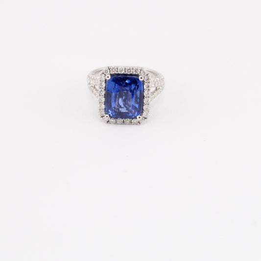 Blue Sapphire & Diamond Halo Ring