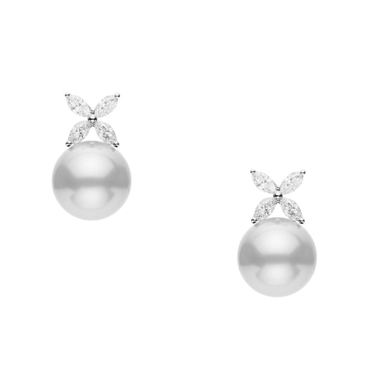 Marquise Cut Diamonds and White South Sea Pearl Stud Earrings