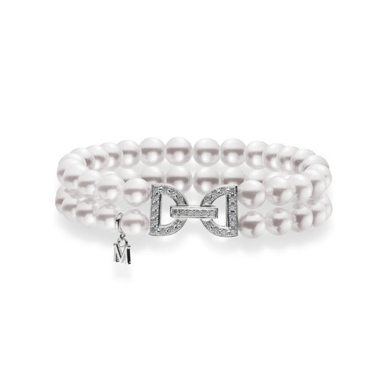 Akoya Double Row Bracelet with Diamond Clasp