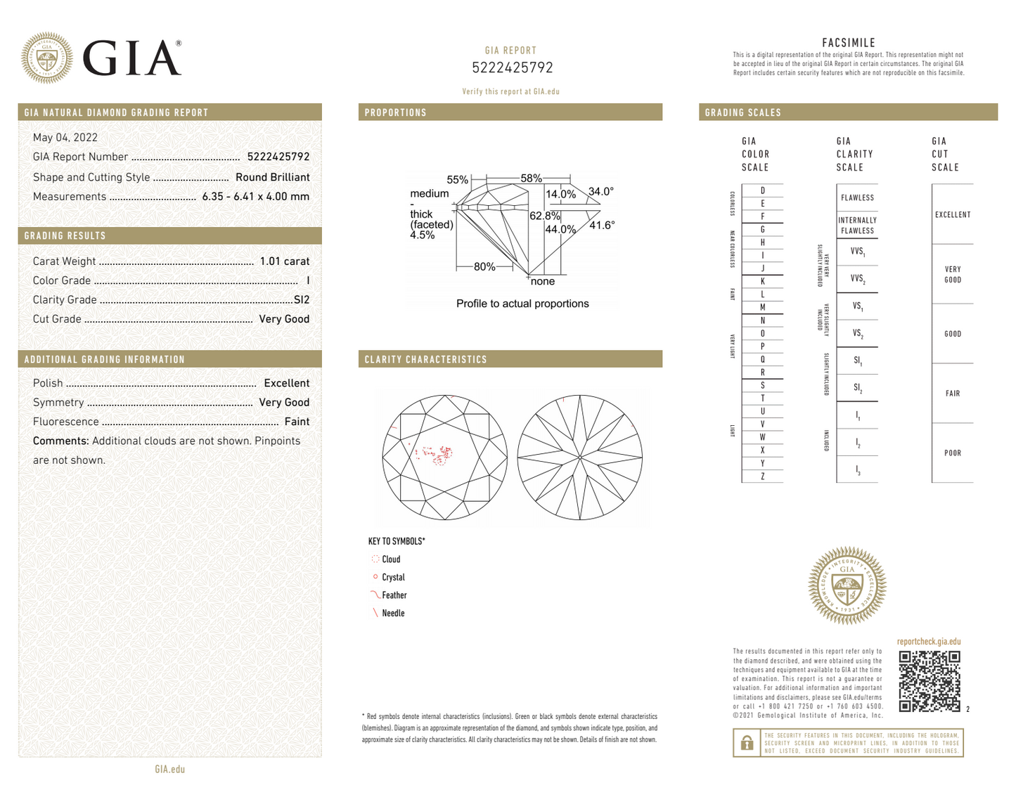 I-SI2 GIA     #5222425792   V.G./ EX /V.G.