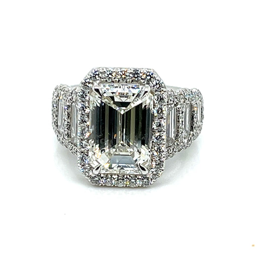 Three Stone Emerald Cut Diamond Ring with Diamond Shoulders