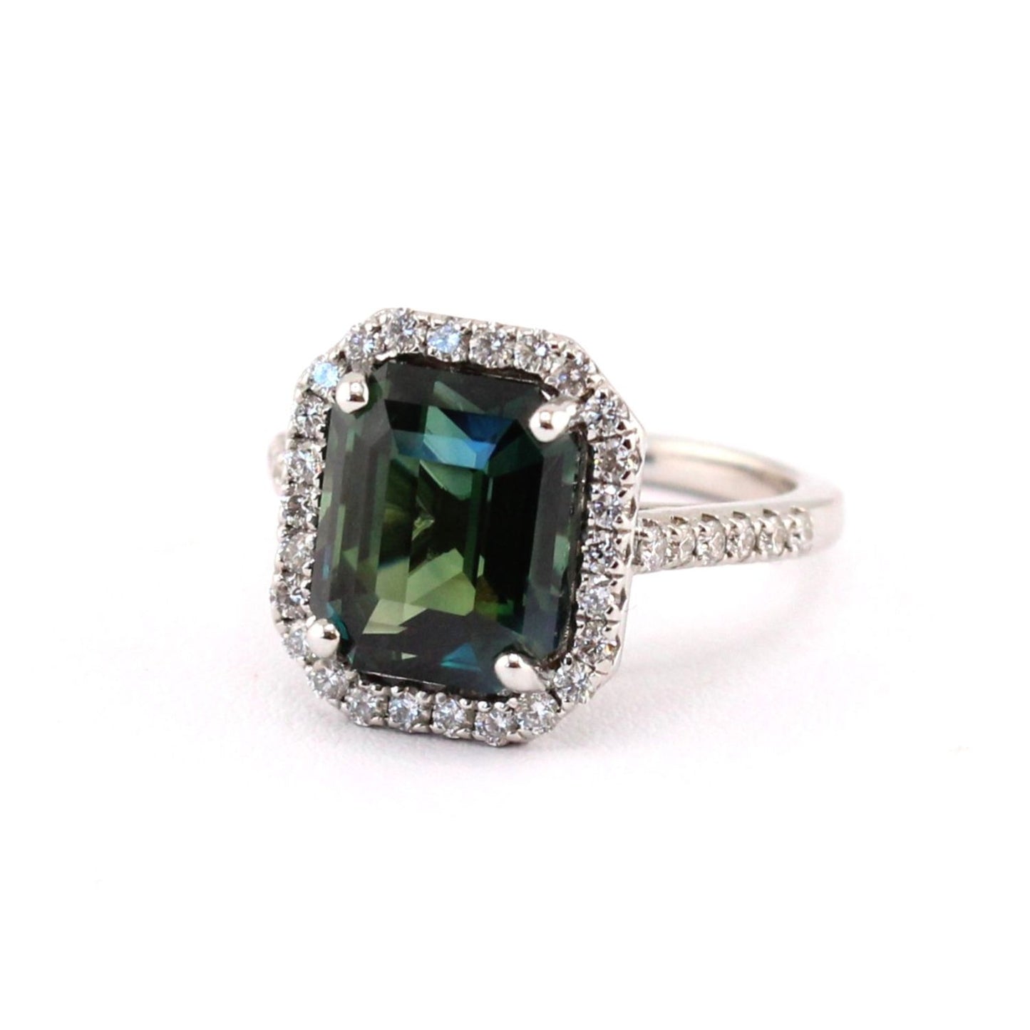 Certified Green Sapphire Ring with Diamond Halo and Shoulders