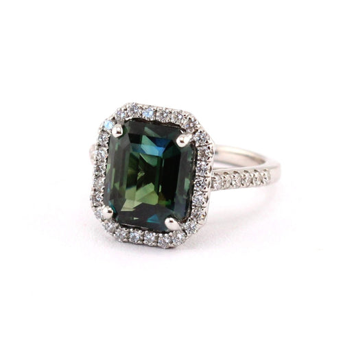 Certified Green Sapphire Ring with Diamond Halo and Shoulders