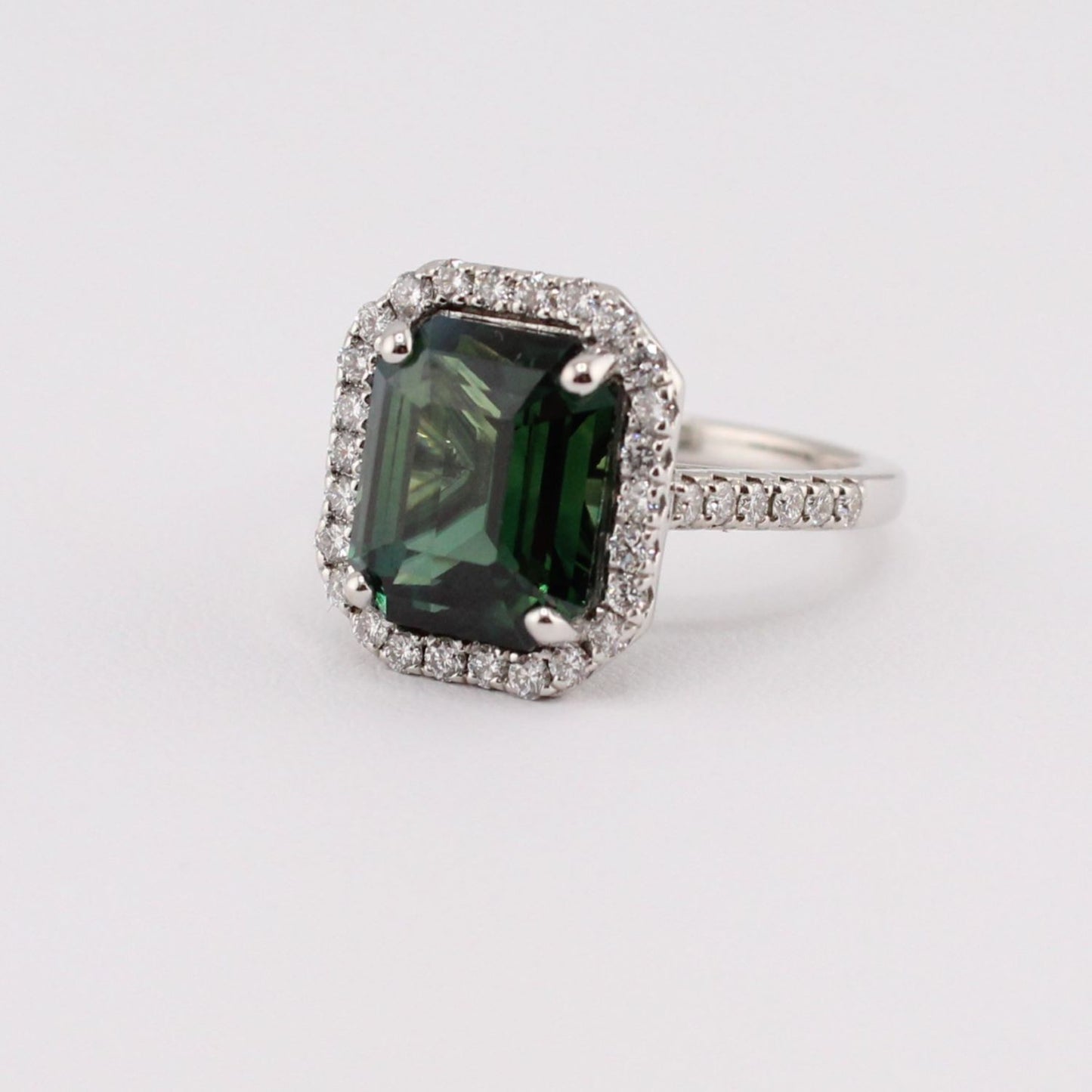 Certified Green Sapphire Ring with Diamond Halo and Shoulders