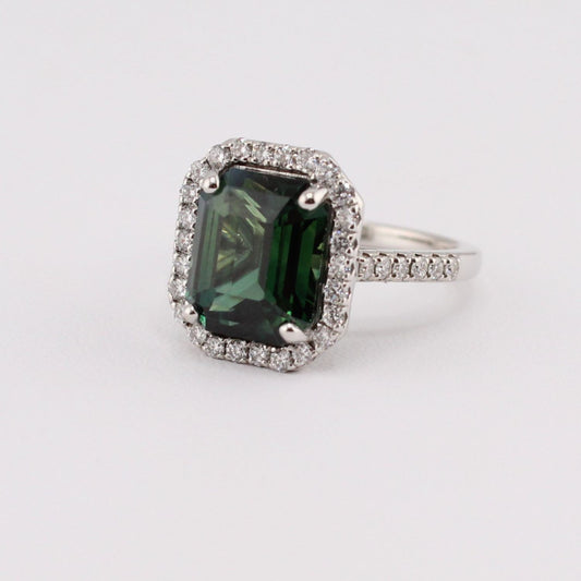 Certified Green Sapphire Ring with Diamond Halo and Shoulders
